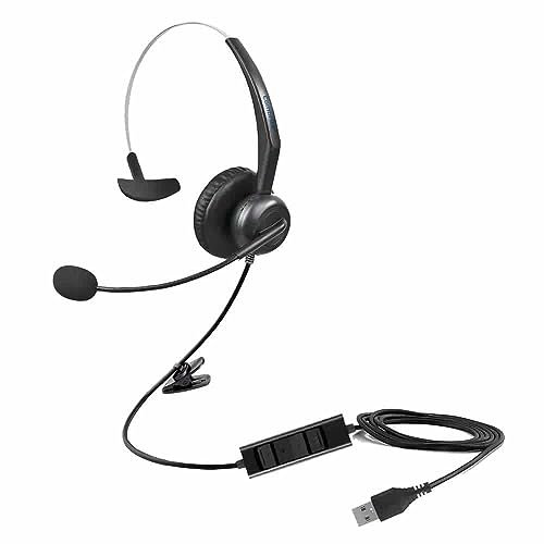 Combrite USB Single Ear Headset With Microphone, PC Headset with Noise Cancelling & Audio Controls, USB Wired, Computer Headphone For Business, PC, Laptop, Office, Call Centre, Skype, Zoom Etc