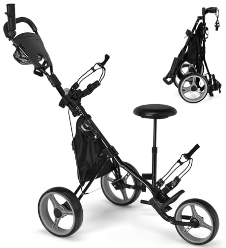 SPOTRAVEL 3 Wheel Golf Trolley, Folding Golf Cart | with Storage Bag, Umbrella Holder, Foot Brake & Built-in Cooler, Portable Golf Push Trolley