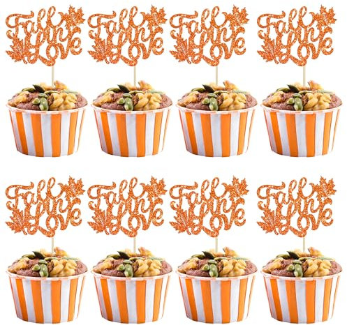 Gyufise 24Pcs Fall in Love Cupcake Toppers Orange Glitter Fall Bridal Shower Cupcake Picks Fall Wedding Cupcake Toppers Engagement Anniversary Birthday Party Cake Decorations Supplies