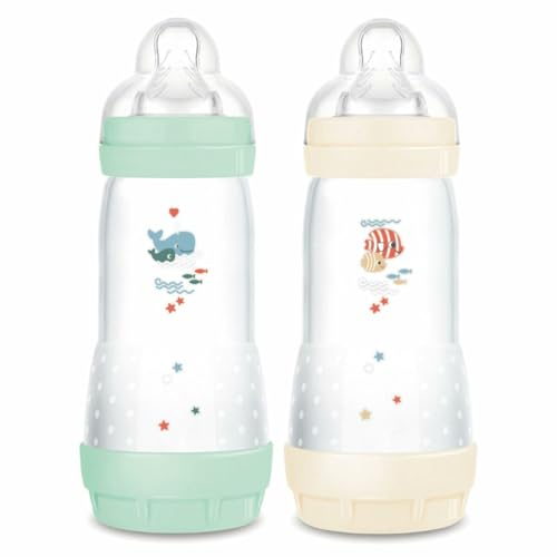 MAM - Easy Start Anti-Colic Baby Bottle, 4+ Months, Fast Flow (2 x 320 ml) Mint + Cotton - Bottle to Reduce Colic and Discomfort of the Baby - Baby Bottle for Breastfeeding