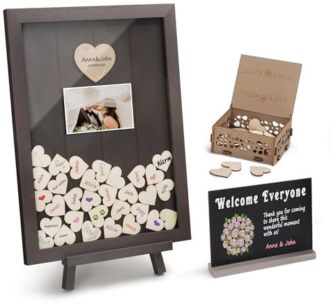 SELEAD Solid Wood Wedding Guest Book Alternative - Rustic Drop Top Picture Frame Sign with Chalkboard, 100pcs Wooden Hearts, Storage Box - Wedding Reception for Party Anniversary Birthday