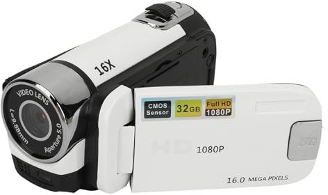 Videocámara D90 1080P, Cámara Digital de 16 MP con Zoom de 16X, Pantalla Giratoria de 2,4 Pulgadas, Luz de Relleno, Antivibración, Grabación en Bucle para Principiantes (White)