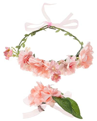 axy Blumenkranz Diadem Haarkranz Damen Mädchen (Blumenkranz und Blumenarmband als Set), Verstellbarer für Hochzeit Karneval Festival Blumen Haarreifen Stirnband Haarband Haarschmuck (Rosa)