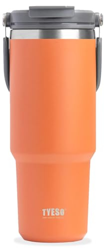 TYESO 30oz Tumbler with Handle and Straw Lid, Insulated Stainless Steel Double Walled Vacuum Water Bottle for Office, Home, Sport or Car, Travel Mug for Hot and Cold | Adventure Collection (Orange)