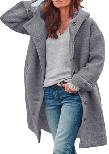 Wollmantel Mit Kapuze Damen - Trenchcoat Damen Lang Winter Wintermantel Elegante Übergangsjacke Einfarbig Freizeitjacke Mit Taschen Locker Winter Warme Winterjacke Freizeitjacke Kapuze-Wollmantel