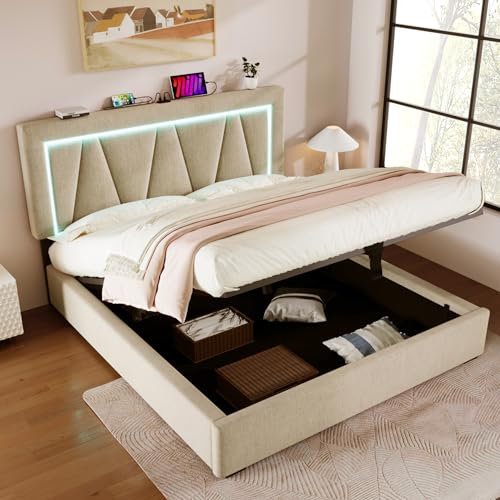 Gegtuon Polsterbett Bett 160x200 cm mit LED-USB-Ladefunktion, Doppelbett mit Kopfteil und Hydraulisch Stauraum, Stauraumbett Bettrahmen mit Lattenrost für Schlafzimmer, ohne Matratze, Leinen, Beige