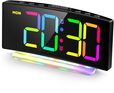 HERMIC Alarm Clock, Digital Alarm Clock Bedside for Kids Mains Powered, Modern Curved Design, 7 Modes RGB Night Light, 8 Colors LED Display, Adjustable Brightness & Volume, Snooze (Incl. Adapter)