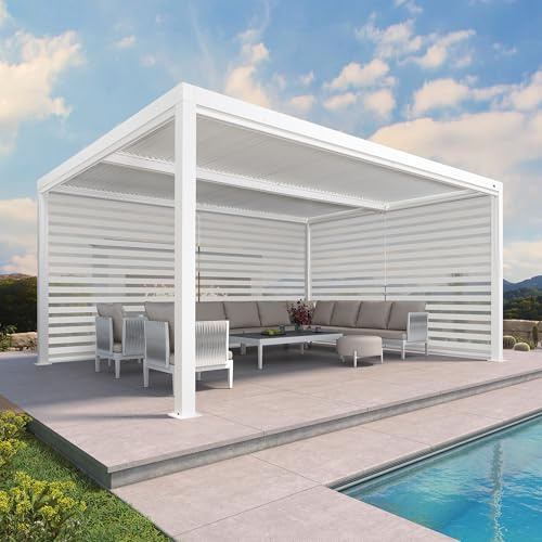 PURPLE LEAF Pergola Bioclimatique Aluminium 4,8 x 3,68 m avec Stores Enrouleurs des Deux Côtés, Lames Orientables, 1 Côté Long et 1 Court, Blanc