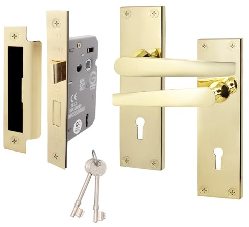 EAI Polished Brass Door Handles with Sash Lock 64mm | Complete Sash Lock Kit with 1 Pair of Lever on Backplate Door Handles, 64mm Sash Lock, Fixings Included