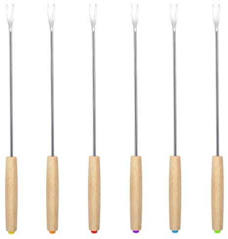 ZukoCert 6 tenedores de fondue de acero inoxidable, varillas de fondue codificadas por colores de 9.5 pulgadas con mango de madera, pinchos resistentes al calor para queso, fuente de chocolate