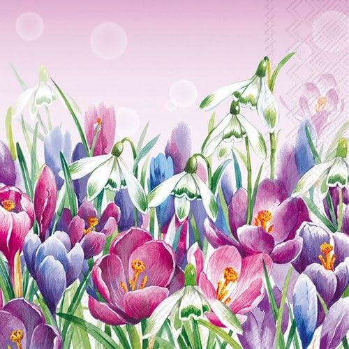20 Servietten Blumen Krokus und Schneeglöcken rosa als Tischdeko. Papierservietten mit Motiv. Auch für Decoupage und Serviettentechnik 33x33cm