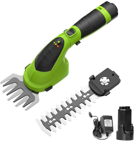FOONNUN 7.2V Cordless Hedge Trimmer & Grass Shear, 2 IN 1 Hand Held Hedge Trimmer with 2000mAh Battery, 2 Interchangeable Blades for Gardening, Cutting, Trimming