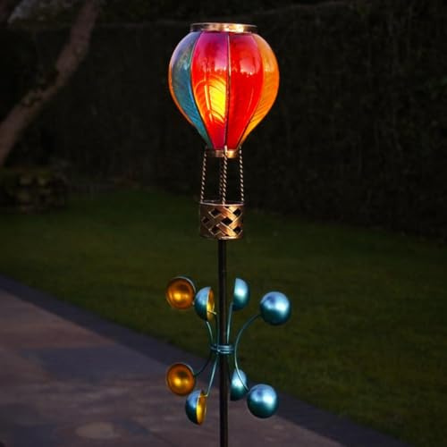 Festive Lights - 1.15m Rainbow Solar Hot Air Balloon Wind Spinner Stake Light - 20 Amber LED, Flickering Flame Effect, Weather-Resistant - IP44 Outdoor Garden Ornament with Sturdy Double Ground Base