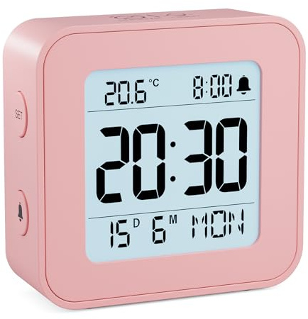 LATEC Alarm Clock Bedside Battery Powered LCD Digital Clock with Date & Day, Snooze, Temperature, 12/24H, Backlight, 3 Volumes, Silent Travel Small Clock for Heavy Sleepers Included Battery