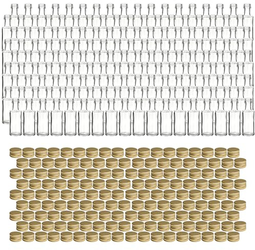 gouveo 162er Set Mini-Glasflaschen 20 ml (0,02 l) Dorica mit Schraubverschluss goldfarben – Leere Glasfläschchen zum Befüllen und Portionieren für Proben, Likör, Öl, Essig (DFT020G)