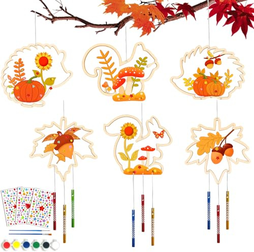 12 Stück Herbst Basteln mit Kindern, Windspiel Bastelset Kinder Deko Holz | Bastelset Herbst DIY Windspiele Basteln mit Diamant Aufkleber, Herbstdeko Igel Ahornblatt Herbstdeko ab 3 jahre
