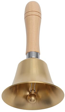 VOSSOT Campane in metallo con manico in legno, 15 cm, campana da tavolo, in ottone massiccio, per scuola, cena, ricevimento, servizio alberghiero, meditazione, allenamento animali, lezioni di musica