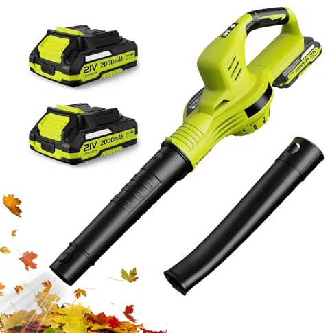 Soffiatore di fogli elettrico senza fili 21 V, 1000 W, 2 modalità di velocità, 150 MPH velocità massima, ricarica rapida 1 H, 2 batterie al litio 2.0 Ah, leggero, ergonomico, per prato e giardino