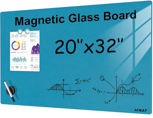 AFMAT Rahmenlose Glas-Magnettafel 50x80 cm, Premium Glas Magnetboard Whiteboard, Hochglänzend, Magnettafel für Wand - Inkl. Magnete, Stift & Tafellöscher, Whiteboard für Büro, Küche, Wohnung,Blau,GB05