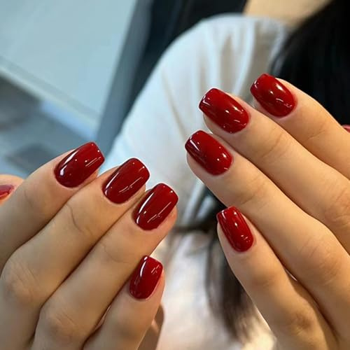 Viugex 24 Stück French Press on Nails, Leuchtendes Rot Falsche Nägel Kurze Eckig, Elegante Acryl Full Cover Fingernägel zum Aufkleben, Wiederverwendbare Künstliche Nägel für Frauen und Mädchen