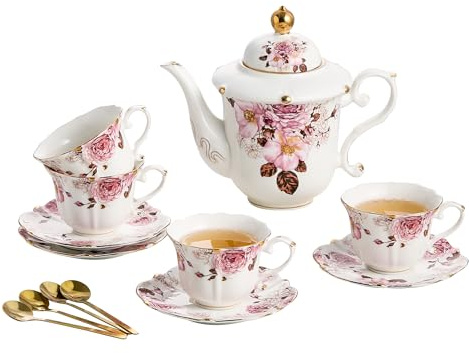 TATSUMI Country Roses Porcelain Tea Set, European Ceramic tea set for adults,Vintage Style, For Women and Tea Parties (Chocolate Red, 13 Pieces Set)