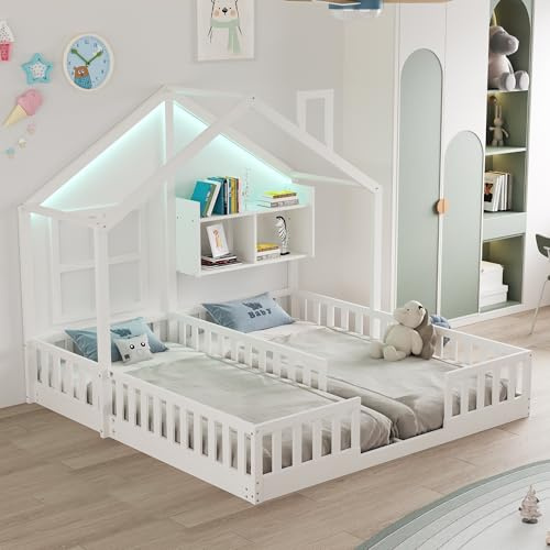Kebnor Cama infantil de madera 90 × 200 cm, cama doble independiente, diseño de casa con ventanas y chimenea, con iluminación LED, barandillas de seguridad y estantes, completa con somier (blanco)