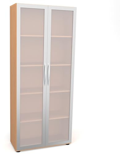 Flügeltürenschrank Cabino Home 80×35×188 cm – Aktenschrank 5OH, Korpus Buche, Milchglastüren im silbernen Rahmen – 95° Öffnungswinkel, Metallgriff