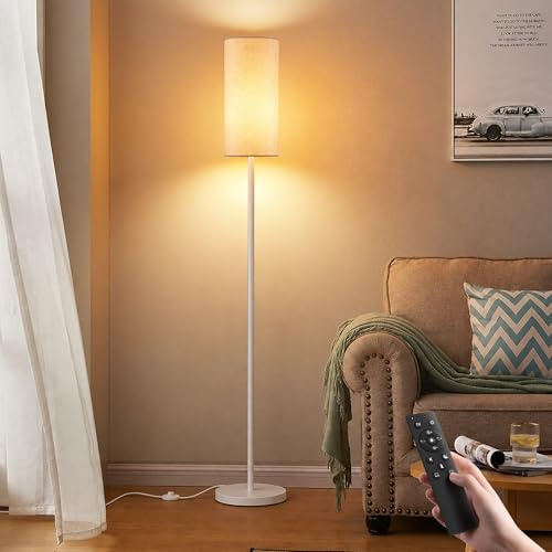 Stehlampe für Wohnzimmer, 155 cm moderne Standlampe mit Fernbedienung und Fußschalter, 3000–6000K dimmbare hohe Lampe mit Leinen-Lampenschirm für Schlafzimmer, Büroecke (9W Birne enthalten), Weiß
