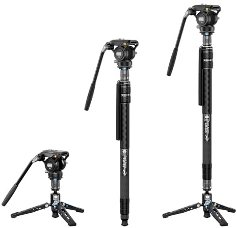 SIRUI AM-145 Monopiede in Fibra di Carbonio con S3 Testa Fluida | Altezza massima 155cm, con testa fluida e base a treppiede rimovibile; carico massimo 6kg, per fotocamere, DSLR e videocamere