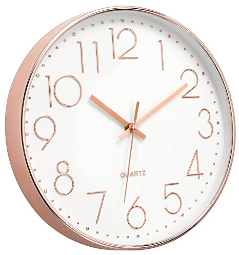 Foxtop Modern Wall Clock 12 Inch Non-Ticking Silent Battery Operated Round Quartz Rose Gold Wall Clock for Office Bedroom Living Room Kitchen Home School Decor