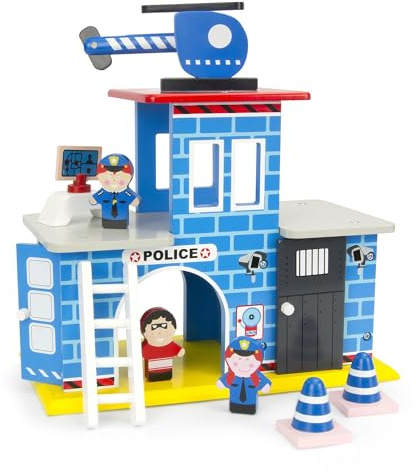 Leomark stazione di polizia in legno 27 cm x 14 cm x 21,5 cm, divertimento a casa e all'asilo, set in legno con accessori per bambini