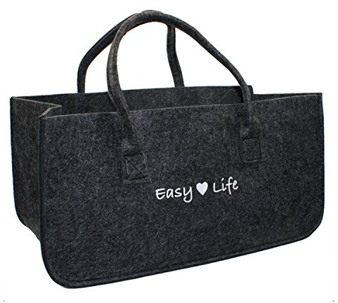 Haus und Deko Filz-Tasche Easy Life für Kaminholz Tragetasche Zeitungsständer Kaminholztasche Korb Filztasche mit Tragegriffen Anthrazit