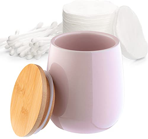 KADAX Gobelet brosse à dent en céramique, Porte Brosse à Dents avec couvercle en bambou, Boîte de rangement pour coton, pot de brosse à dents ronde (rose)