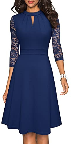 HOMEYEE Damen Elegant Hollow Out Spitze Swing Retro Party Cocktailkleid A234