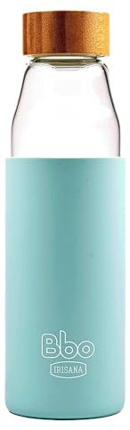 Irisana - Botella de Agua - 500 ml - Azul - 7,5 x 7,5 x 24 cm - Borosilicato, Silicona y Tapón de Bambú - Garrafa Deportiva para Gimnasio - Colección Bbo