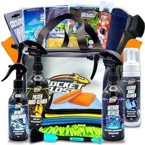 Rocket Interior Autopflege Set 16-teilig - Auto Reinigungsset Innenraum All-in-One Komplett-Set Auto Detailing Bag für Cockpit - Glas - Kunststoff - Fußmatten - Leder & Polster/Alcantara Reiniger