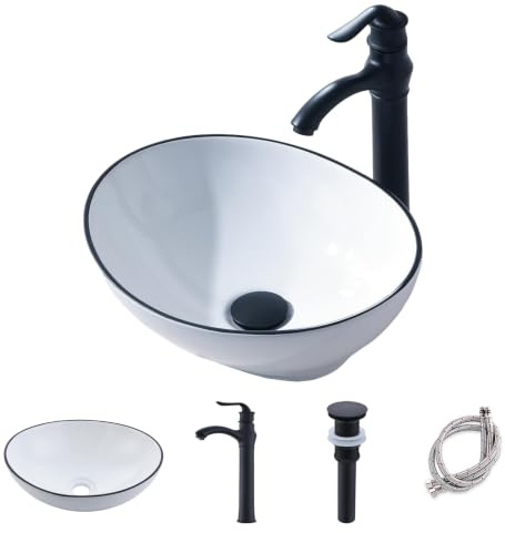 HLBLFY Ovales weißes Waschbecken mit Wasserhahn, 40,6 x 33 cm, kleines | Aufsatzgefäß Badezimmer Waschbecken Porzellan Keramik Handwaschgefäß Waschtisch Waschbecken Weißer Hintergrund und Schwarzer