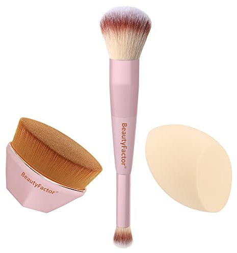 BEAUTYFACTOR Pennelli Make up, Pennello Fondotinta a Doppia Estremità, Spugnetta Fondotinta per Liquidi, Miscelazione, Crema, Polvere Minerale, Lucidatura, Fard, Impeccabile (rosa)