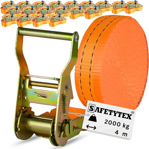 Safetytex Spanngurt 2 t 4 m 35 mm Ratsche einteilig DIN EN 12195-2 20 Stück | Zurrgurt, 1000/2000 daN, Profi-Ratschenzurrgurt, Anhänger, Transporter, LKW, zuverlässige Ladungssicherung