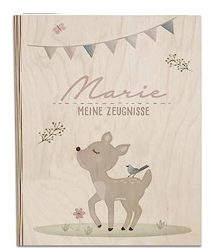 Personalisierte Zeugnismappe aus Birkenholz - Individuelles Geschenk zur Einschulung mit Namen - DIN A4 - Zeugnisringbuch Mädchen & Jungen - hellomini (Reh)