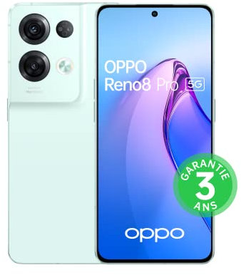 OPPO Reno 8 Pro - Smartphone 5 G - 8 Go RAM + 256 Go - Triple Capteur Photo 64 MP, Frontal 32 MP - Écran AMOLED 120 Hz 6,7” - Batterie 4500 mAh - Noir Glacé [version FR] (Reconditionné)