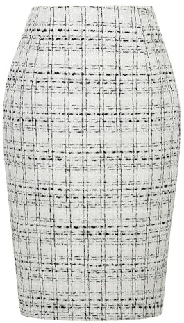 Kinghua Jupe crayon en laine à carreaux pour femme - Taille haute - Coupe moulante - Longueur genou, Tweed blanc, XX-Large