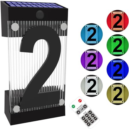 XINDEW Solar House Numbers for Outside, 3D Acrylic Number Colorful light Remote Control, Solar Address Sign, Lighted Modern Address Numbers Solar Powered for Yard Street (Number 2)