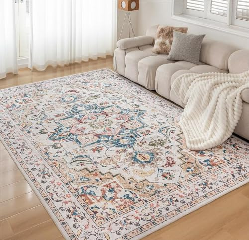 CHOSHOME Waschbarer Kurzflor Teppich Wohnzimmer - 200x290CM Vintage Beige | Fußbodenheizung Geeignet, Rutschfeste Boho Groß Teppiche Für Esszimmer Schlafzimmer Büro, Weich Maschinenwaschbar Carpet