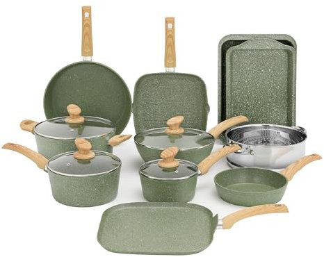 Kitchen Academy - Set di pentole e padelle antiaderenti in granito verde, 17 pezzi