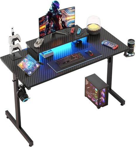 Bestier Scrivania da Gioco LED per PC con Supporto per Monitor, Tavolo Stabile per Computer con Portabicchieri e Gancio per Cuffie, 106 cm (Nero)