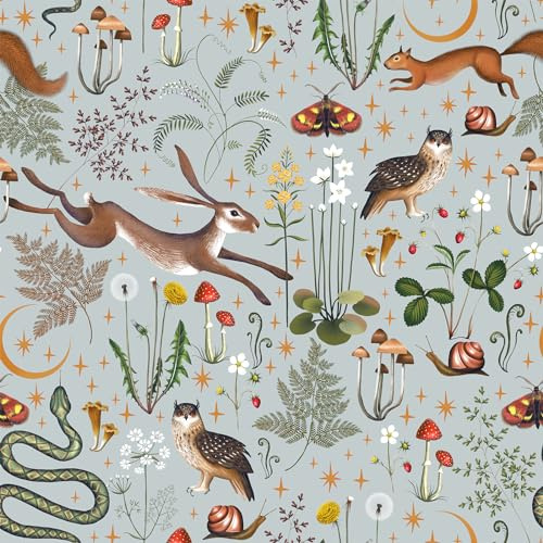VEELIKE Tapete Wald Dschungel Tropische Blätter Fototapete Blumen Grau Mustertapete Pilz Kaninchen Vögel Schlangen Möbelfolie Muster Wand Dekoration Kinderzimmer Tapete Wohnzimmer Flur 44.5cm×300cm