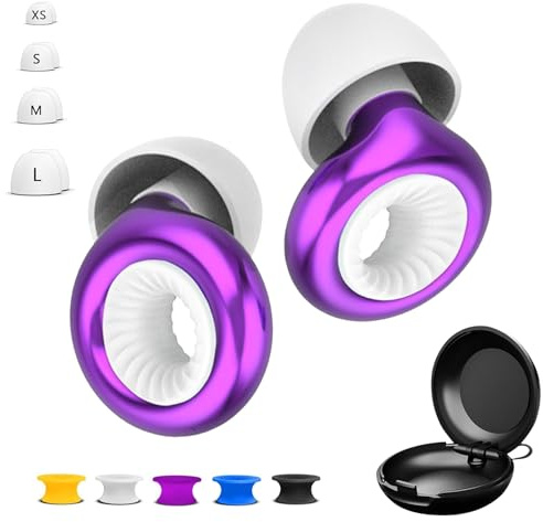Reusable Ear Plugs for Sleep - Noise Cancelling, Snoring, Travel, and Concerts | 25dB Hearing Protection with Noise Reduction | Comes with 8 Ear Tips and XS/S/M/L - Black (Purple)