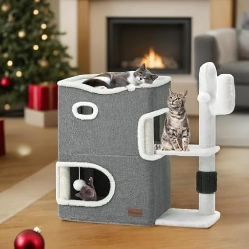 YITAHOME Casa de Juegos para Gatos de 2 Pisos con Tabla para rascar y esconderse, diseño Moderno para Varios Gatos, Color Gris