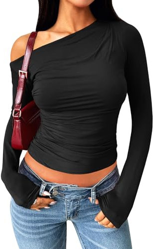 Navneet Women Off The Shoulder Tops Cinched Waist Going Out Tops Sexy Long Sleeve Bardot Top Y2K Clubbing Night Outfits Black S
